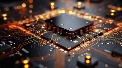 Close-up of a Circuit Board, Intricate Technology, Advanced Electronics, Detailed Microchip, High-Tech Design, Digital Components, Powerful Processor, Modern Motherboard
