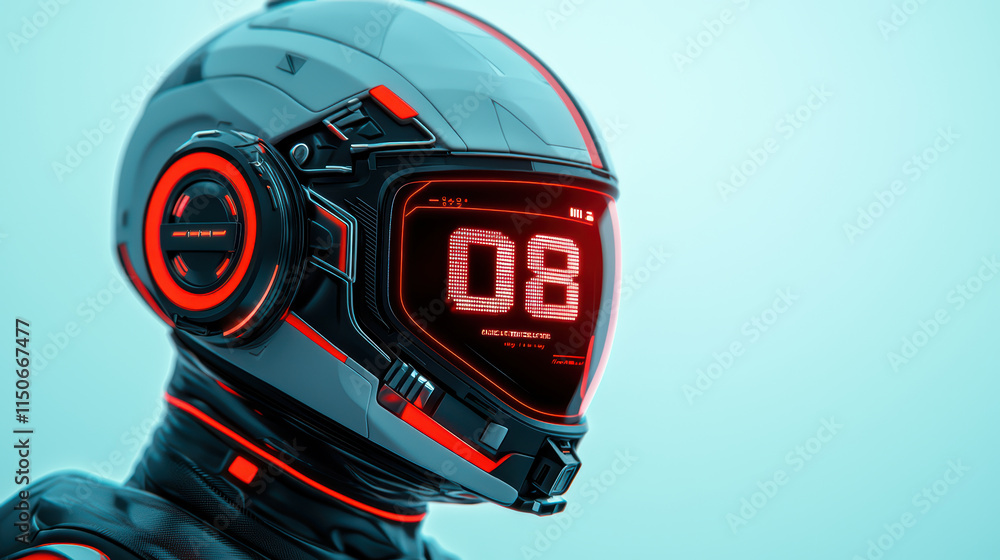 Poster futuristic helmet with glowing elements and digital display, showcasing advanced technology and desi