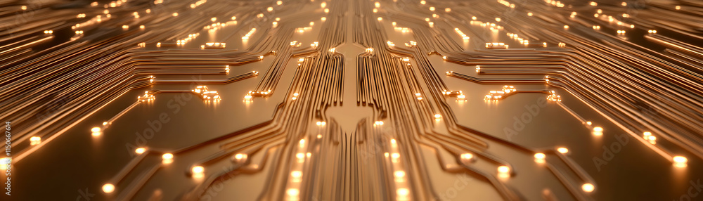 Poster abstract close-up of circuit board with glowing lights and intricate patterns, showcasing modern tec