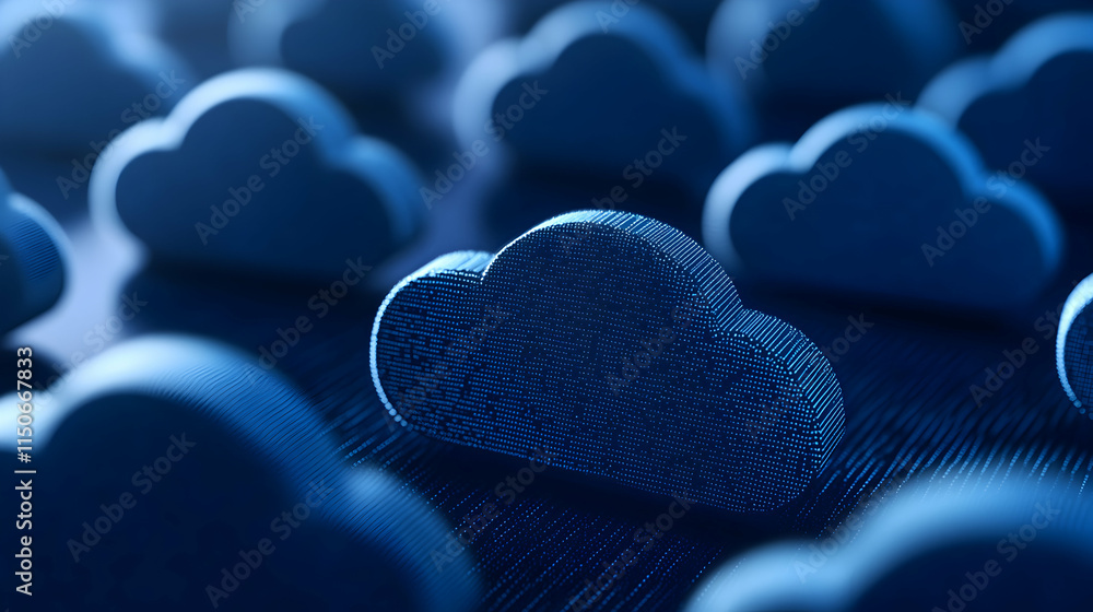 Poster abstract blue cloud shapes on a dark background, representing data storage and online connectivity.