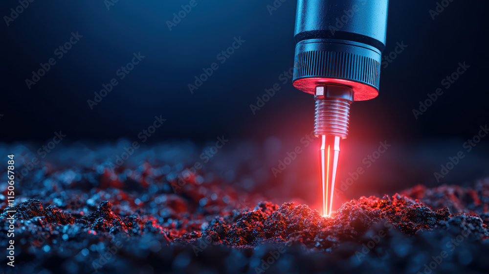 Aufkleber close up of high tech digging tool emitting red laser beam into ground, showcasing advanced technolo