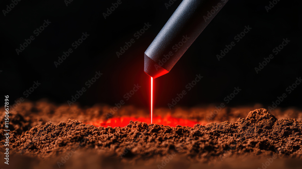 Aufkleber close up of high tech digging tool emitting red laser beam into soil, showcasing advanced technology