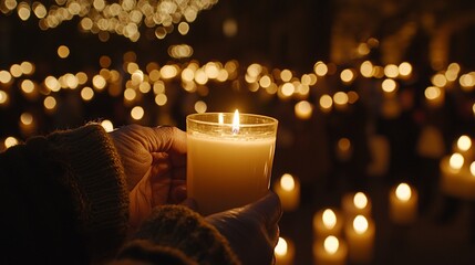 Hands holding a lit candle at a vigil.