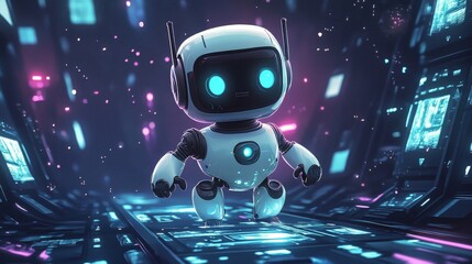 AI technology posters with cute robot character. Artificial intelligence in science and business, smart machine concept. Vector cartoon illustration with futuristic bot