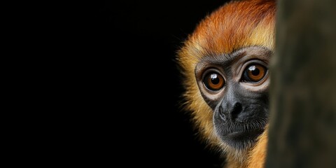 Obraz premium A Curious Gibbon Observing Intently from the Shadows of Its Tropical Forest Habitat