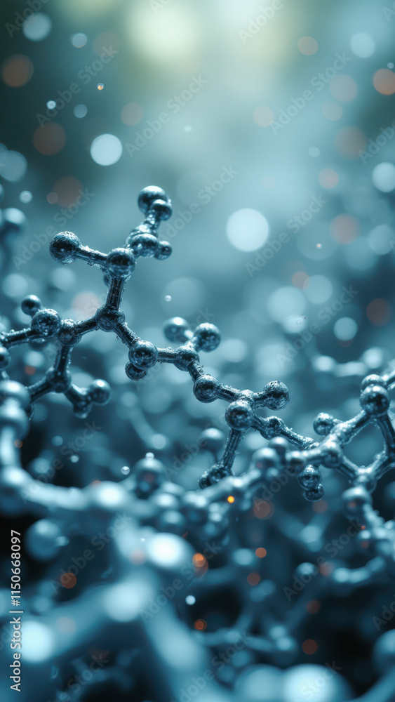 Poster a close-up micrograph showcasing a cluster of semaglutide molecules with an artistic digital overlay