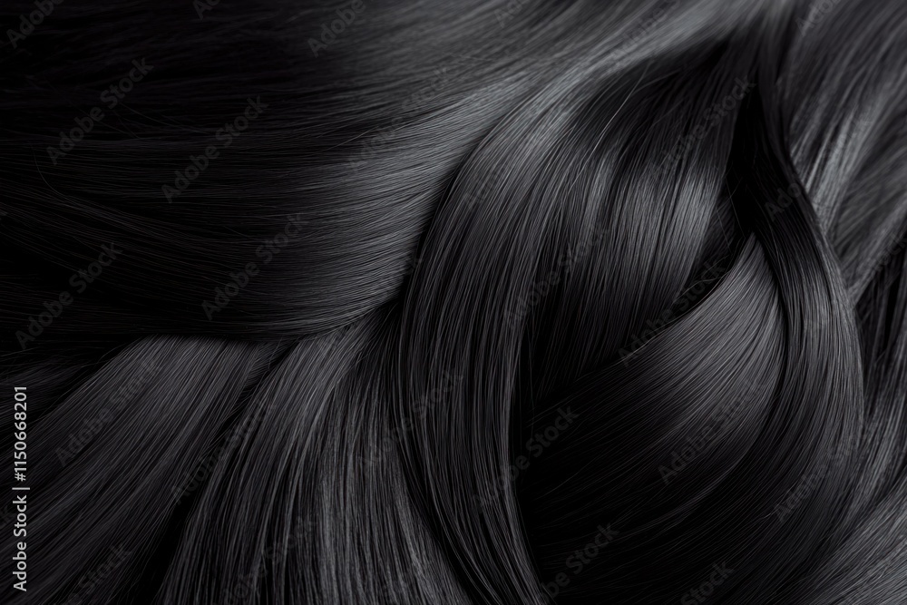 Poster close-up view of shiny black hair with intricate texture and subtle waves under soft light in a stud