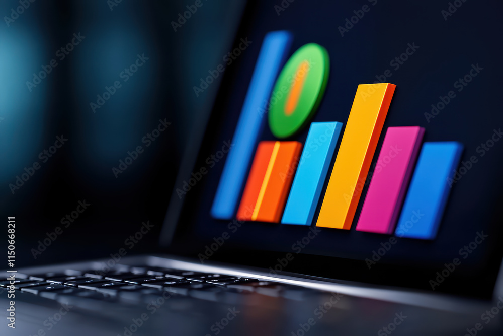 Poster close up of laptop screen displaying colorful data visualizations, showcasing growth and analysis
