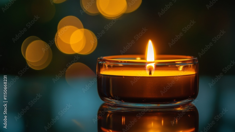 Poster serene candle flame illuminating dark space with warm bokeh lights