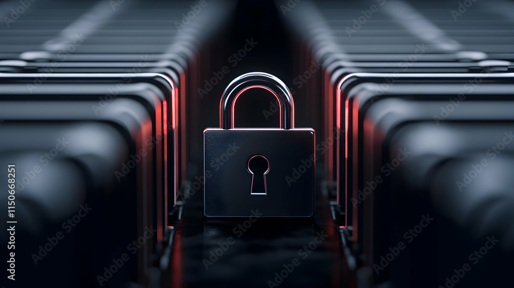 Aufkleber a close-up view of a padlock amidst rows of metallic elements, symbolizing security and protection.