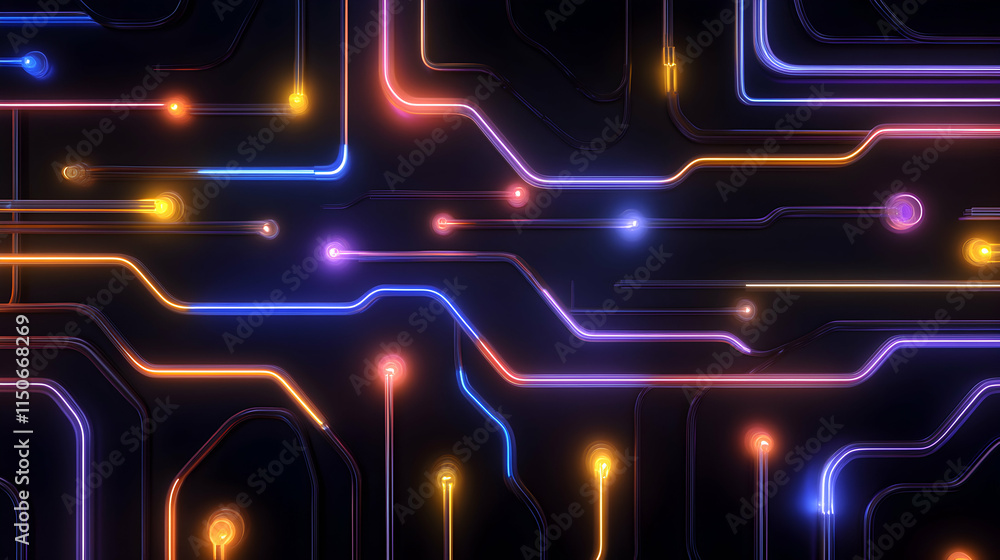 Poster colorful abstract circuit board design with glowing lines and dots, ideal for technology and digital