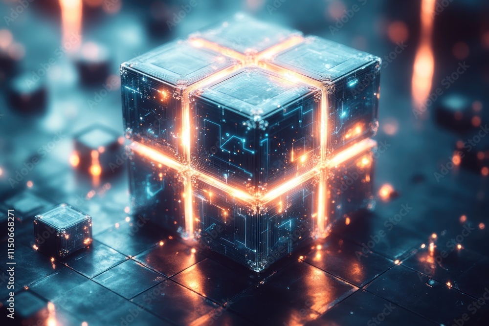 Aufkleber Dynamic glowing cube with intricate patterns in a futuristic digital environment. Generative AI