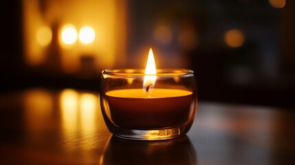 Glowing Candle in Glass Holder with Warm Light and Soft Background
