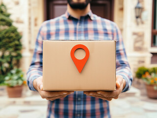 Delivery of a package marked with location symbol at a residential home during daylight hours