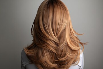 Obraz premium Hair styling session featuring long, layered blonde locks in a professional setting with perfect lighting. Generative AI