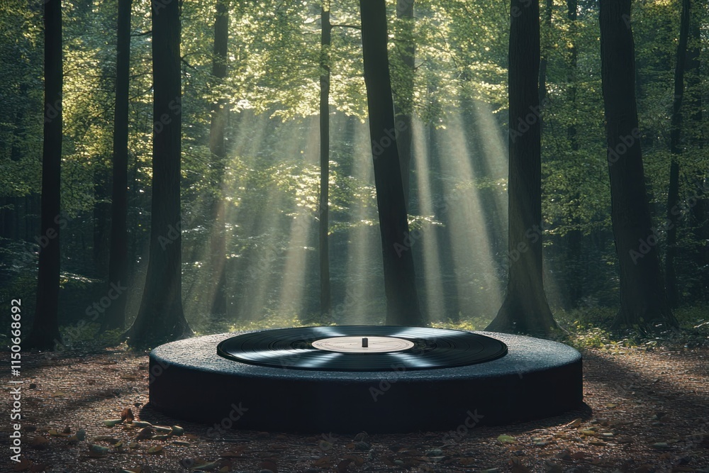 Poster mysterious vinyl record platform surrounded by sunlight streaming through trees in a serene forest. 