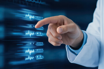 doctor interacts with virtual health monitor, showcasing advanced technology. scene emphasizes innovation in patient care and medical monitoring