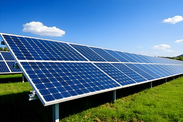 Solar panels harnessing sunlight in a green field under a clear blue sky.