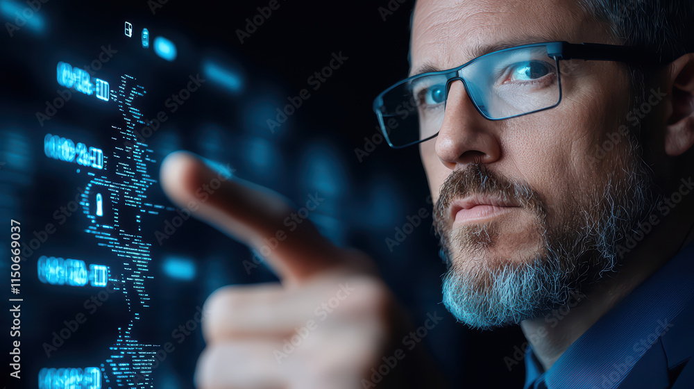 Poster focused man interacts with digital interface, showcasing technology and data analysis