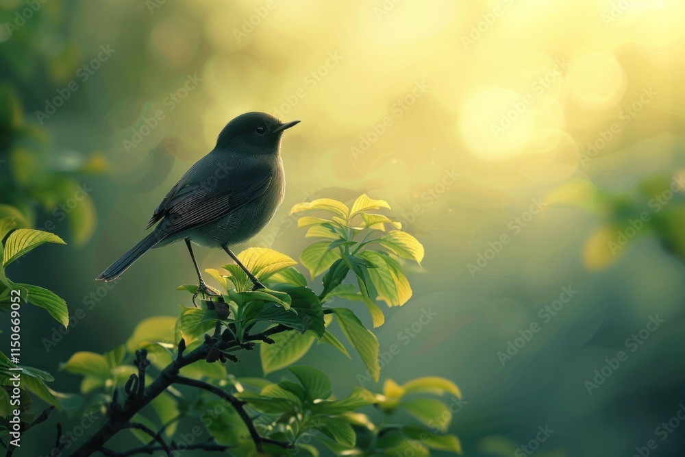 Poster bird perched on a branch in soft sunlight illuminating lush green foliage in a tranquil forest setti