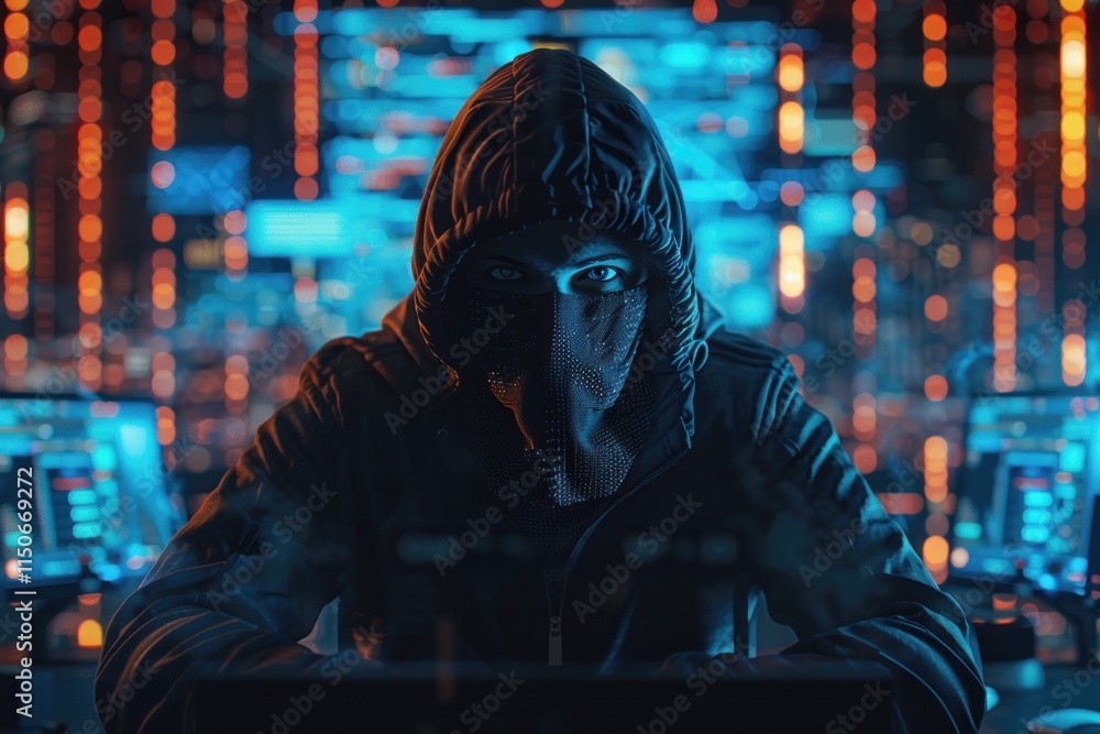 Poster mysterious figure in a hoodie works intensely at a computer surrounded by glowing screens at night. 
