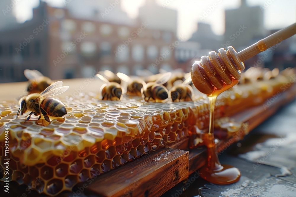Poster bees collect honey on a honeycomb under sunlight in an urban setting with skyline in the background.