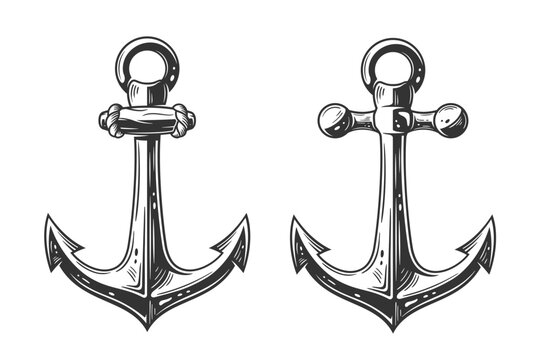 Set of vintage anchors isolated on white background. Engraved retro anchor with rope. Vector illustration