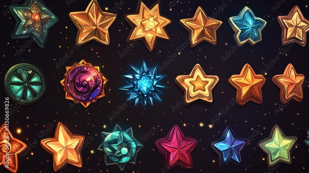 Poster set of star rotate game sprite animation, ui rate sequence frame, gui design elements yellow golden 