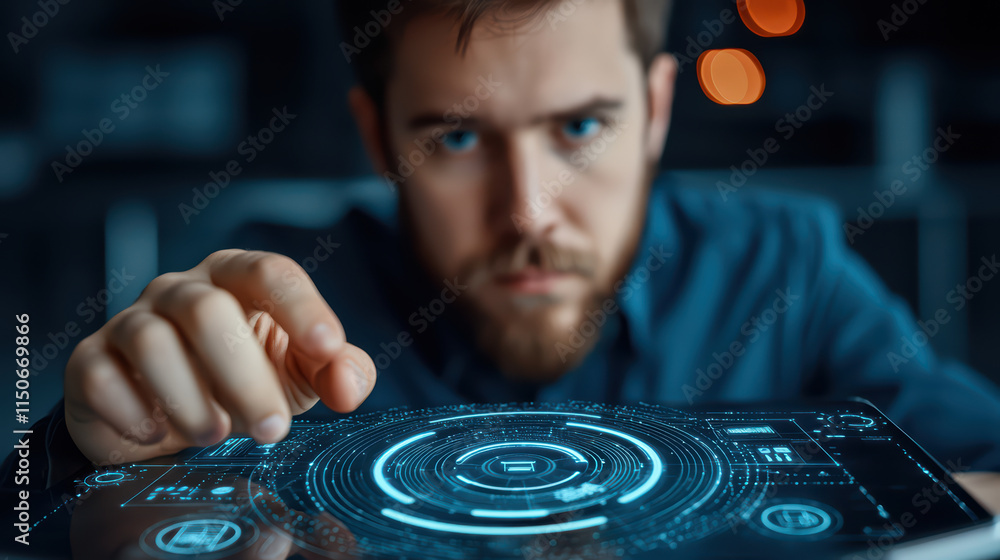 Poster close up of student interacting with futuristic tablet, showcasing advanced technology and digital i