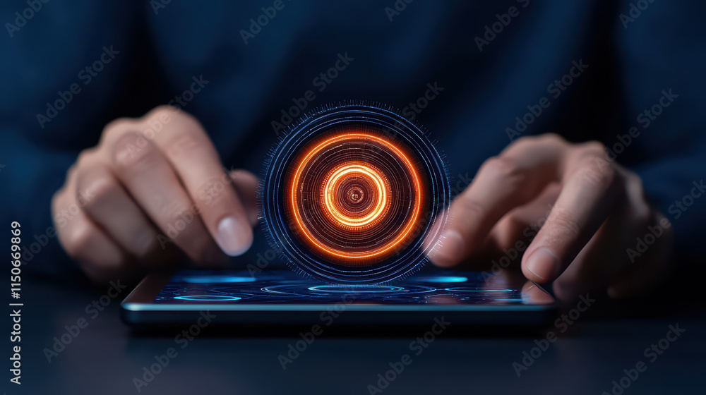 Poster student interacts with futuristic tablet, showcasing advanced technology and vibrant graphics. glowi