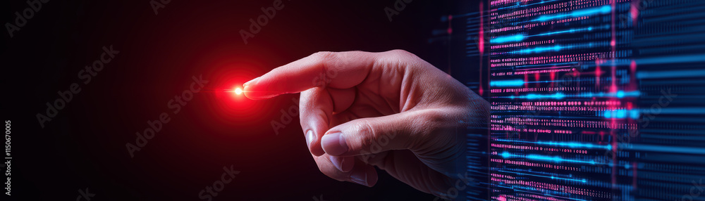 Poster hand reaching towards glowing red light, symbolizing technology and innovation. background features 