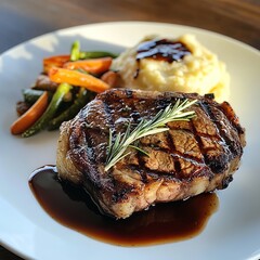 A perfectly cooked ribeye steak with a juicy center, garnished with rosemary and served with a side of garlic mashed potatoes, on a white plate