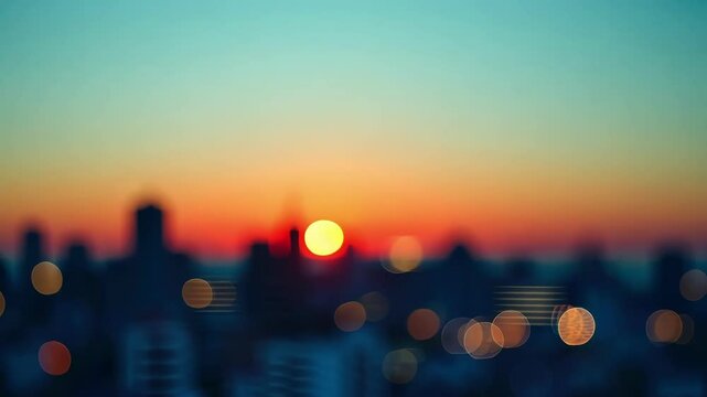 The citys skyline fades into a blur as the sun sets behind it.