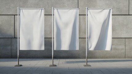 White vinyl banners, triangle flag and pennants on pole. Vector realistic mockup of blank fabric promotion posters, advertising textile banners hanging on metal frame and stand