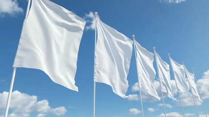 White vinyl banners, triangle flag and pennants on pole. Vector realistic mockup of blank fabric promotion posters, advertising textile banners hanging on metal frame and stand