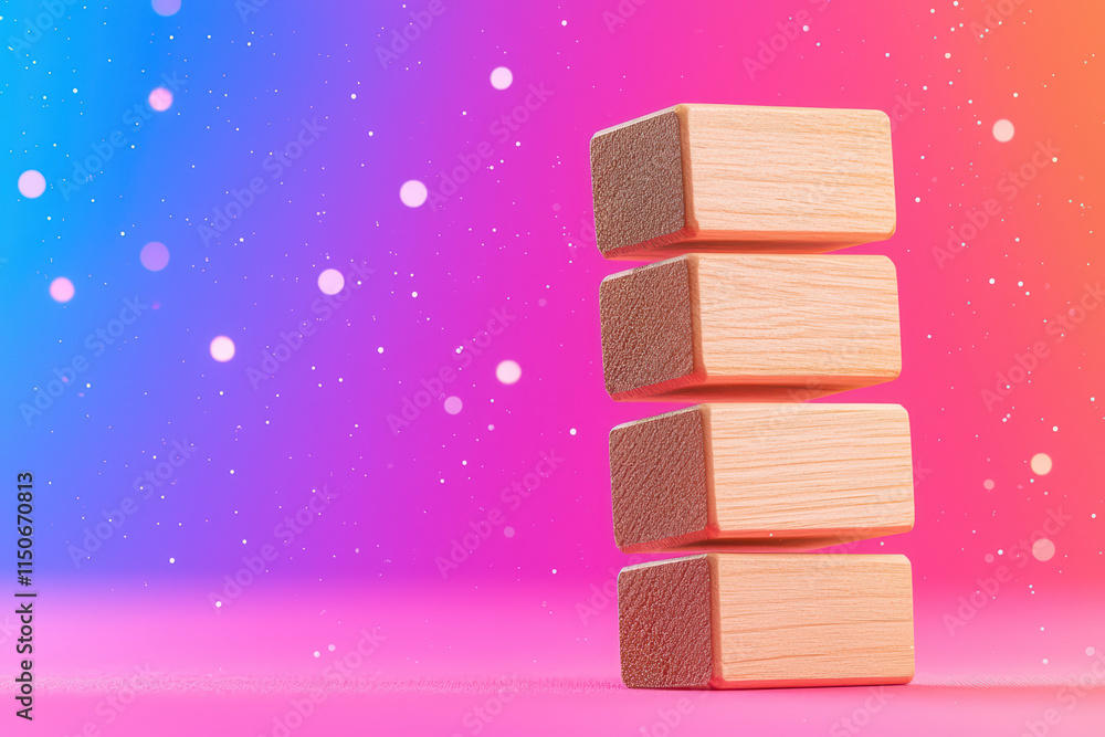 Poster stacked wooden blocks create playful scene against colorful background