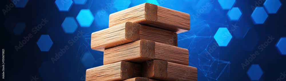 Poster wooden blocks stacked against blue hexagonal background, creating striking visual. arrangement showc