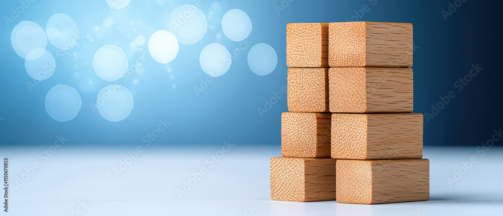 Poster stacked wooden blocks create balanced structure against soft blue background, evoking sense of calm 