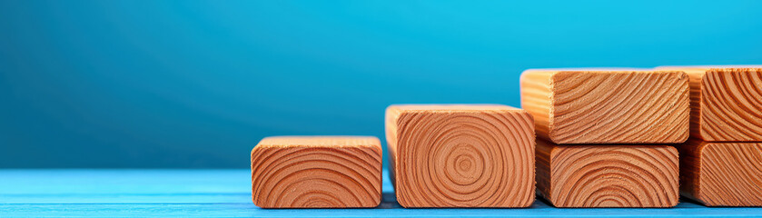 Wooden blocks arranged in path on blue background, showcasing natural textures and patterns