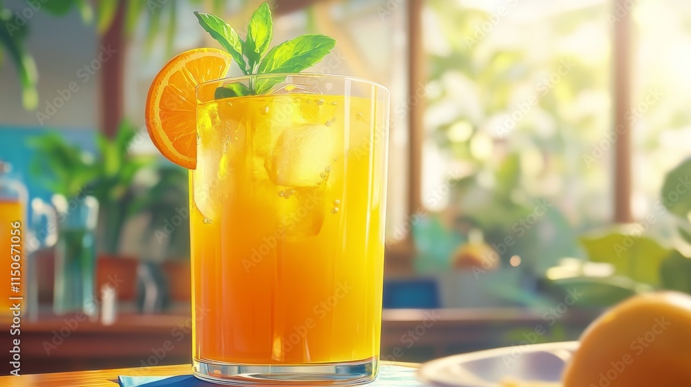 Poster refreshing citrus drink with ice and mint in bright setting