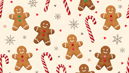 This playful design features gingerbread shapes, red-and-white candy canes, and delicate snowflakes, symmetrically placed on a light pastel backdrop