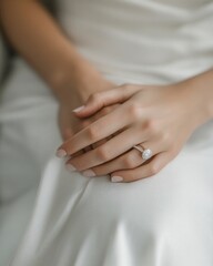 Female hands with engagement ring on white fabric background