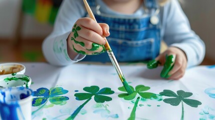 Young child painting green shamrocks with watercolors during Saint Patrick’s Day activity