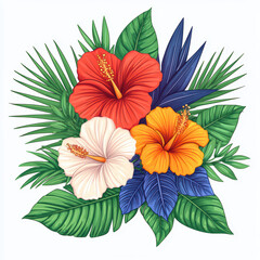Vibrant tropical flowers with hibiscus in red, orange, and white surrounded by lush green leaves create lively composition