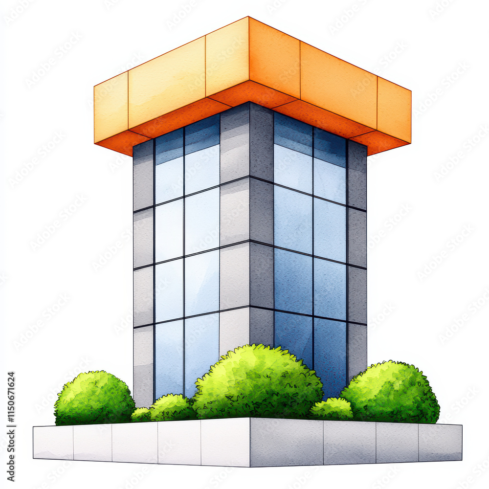 Poster modern building with unique orange top and green bushes surrounding it. design features large glass 