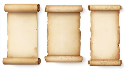 Cartoon parchment rolls, blank scrolls and paper banners, open and convolute antique manuscript or vintage papyrus, old map or document isolated on white background, vector illustration, icons set