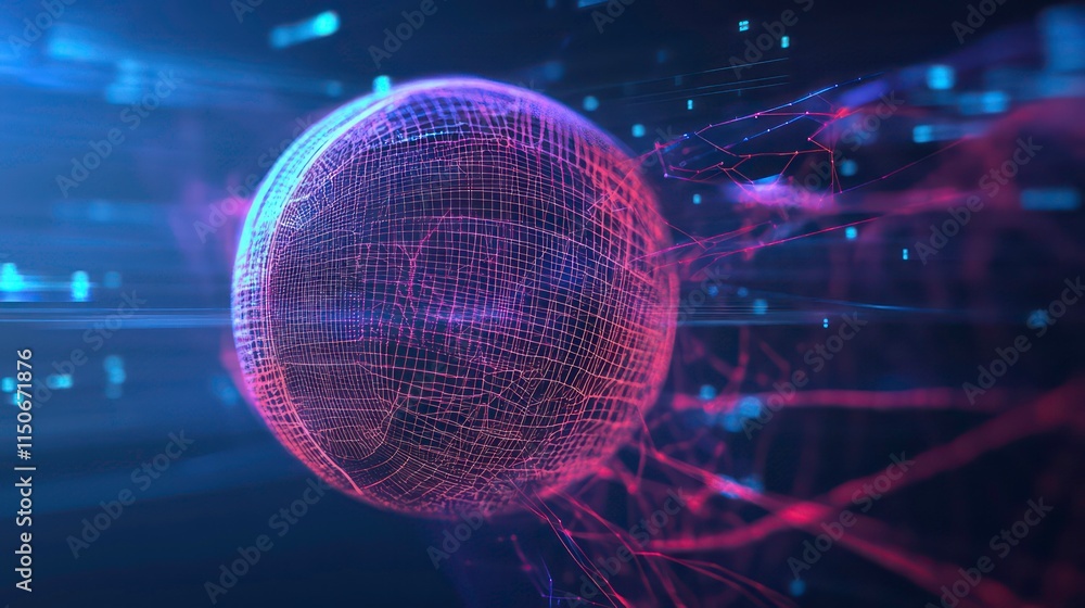 Poster Abstract glowing sphere with digital network connections.