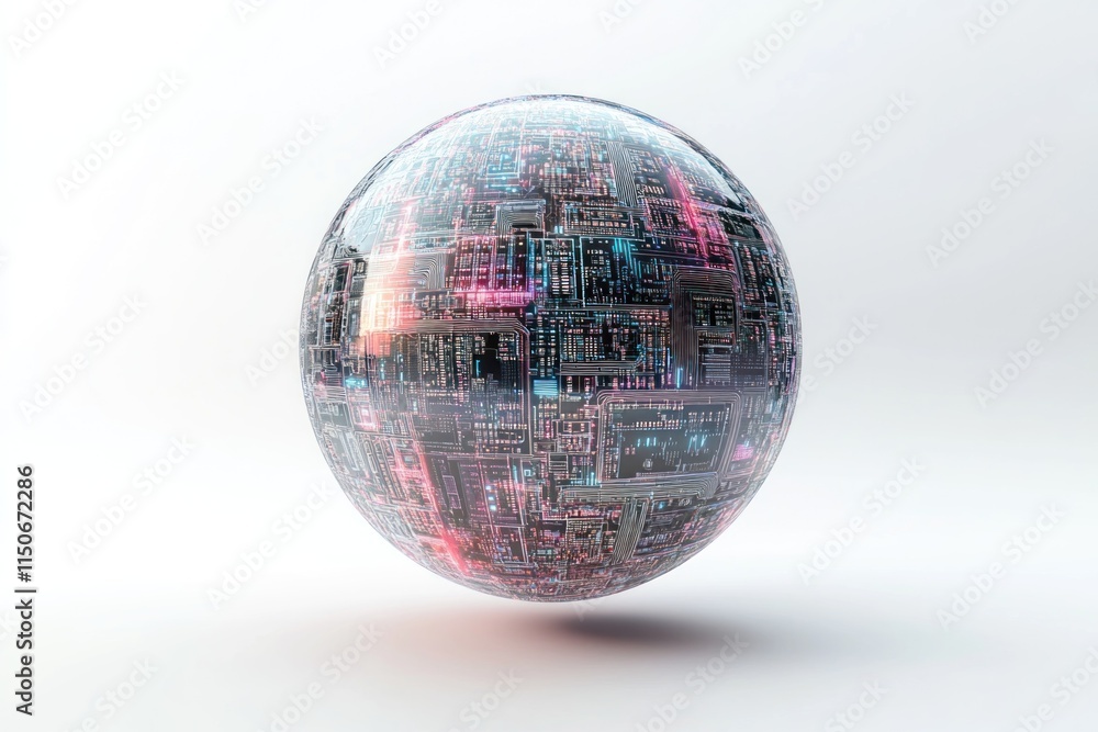 Poster Digital sphere showcasing intricate circuit design against a minimalist background. Generative AI