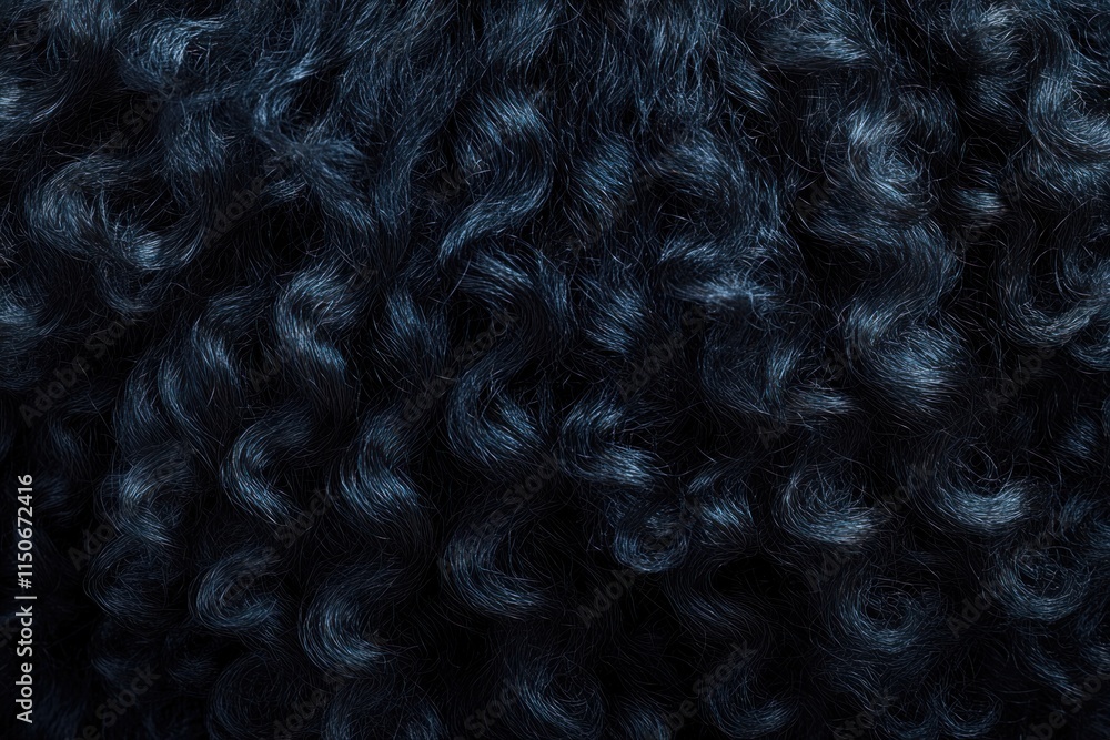 Poster curly black hair with defined curls displayed close-up showcasing shine and texture during daylight.