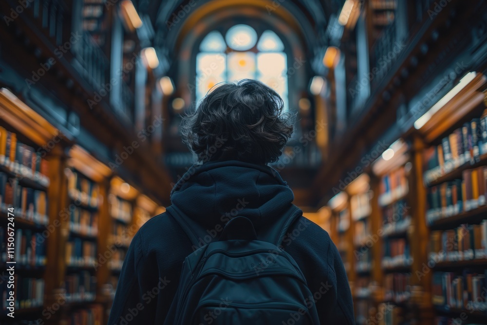 Poster exploring the vast shelves of a historic library in search of knowledge and adventure. generative ai